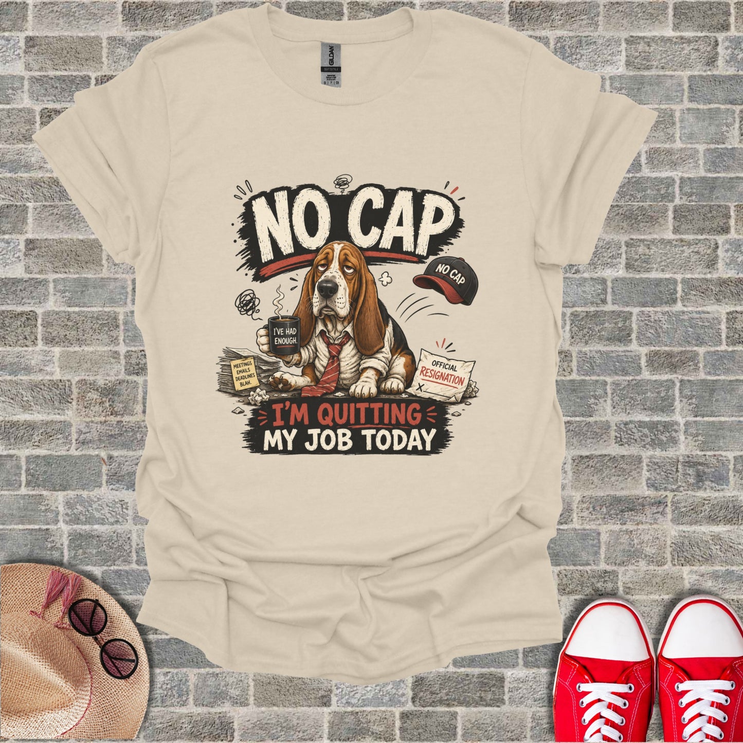T-shirt with "NO CAP I'M QUITTING MY JOB TODAY" text and illustration.