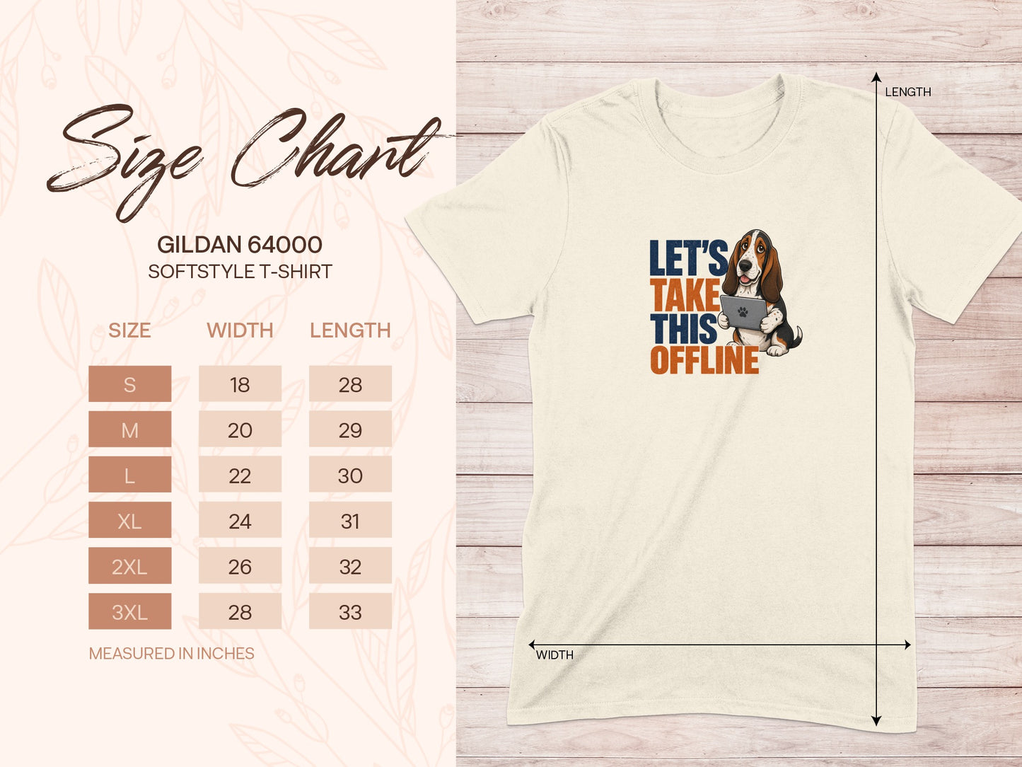 Gildan 64000 softstyle t-shirt size chart with dog graphic.