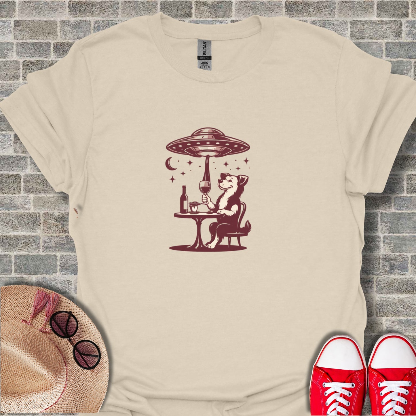 Alien UFO Dog Drinking Wine T-shirt