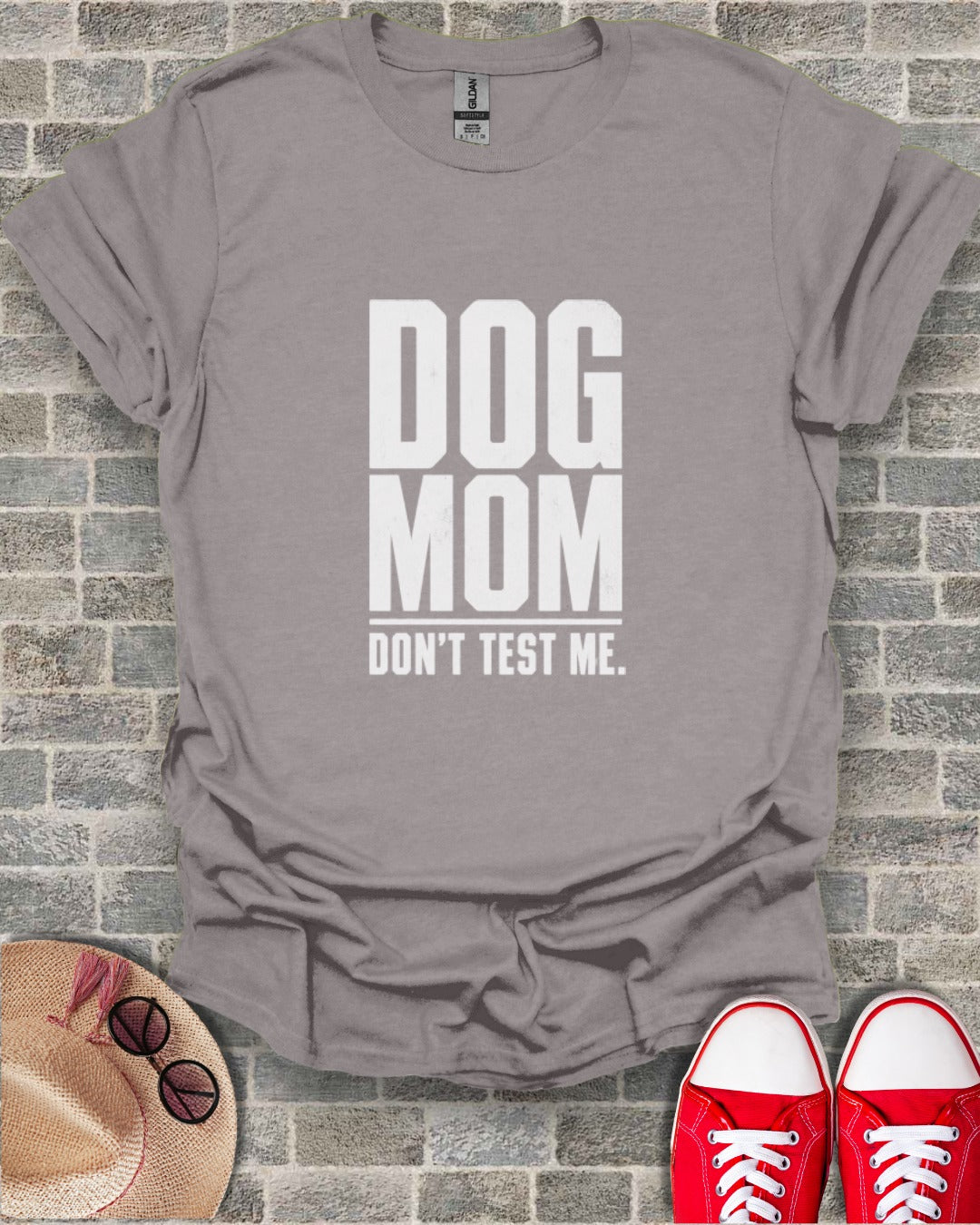 Grey t-shirt with "DOG MOM DON'T TEST ME." text in white.
