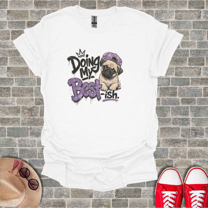 White t-shirt with graphic of pug wearing a backwards baseball cap.