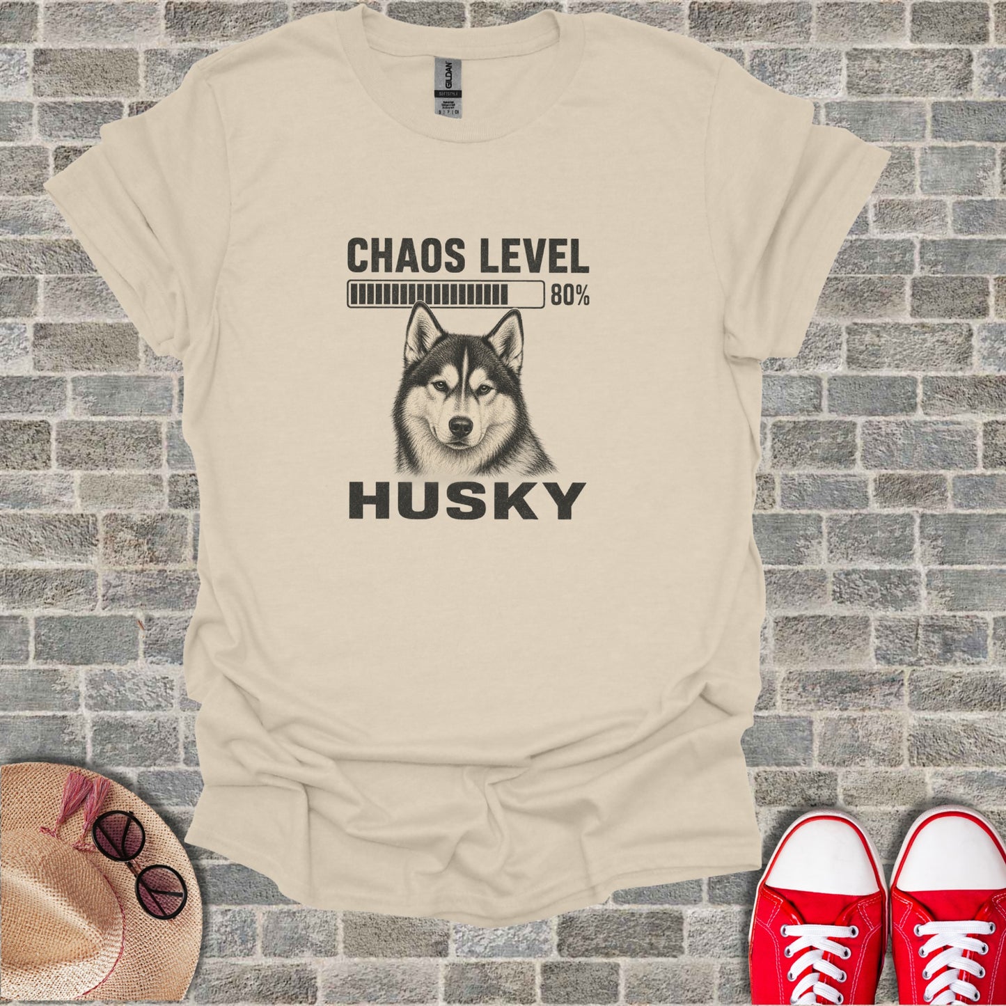 T-shirt with husky illustration and "CHAOS LEVEL 80%" text.