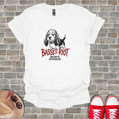 White t-shirt with a Bassett Hound graphic and "BASSET RIOT MOM'S DIVISION" text.