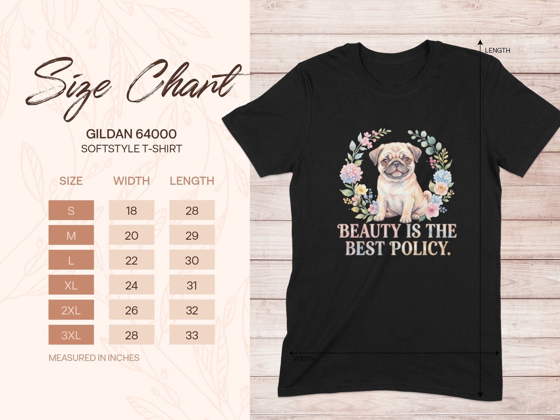 Gildan 64000 t-shirt size chart and graphic featuring a pug with text "BEAUTY IS THE BEST POLICY."