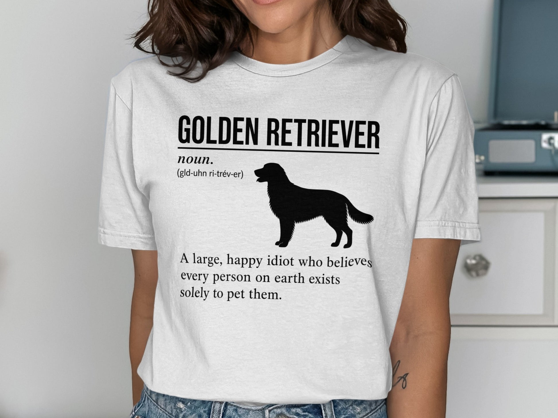 Golden Retriever t-shirt with dog silhouette and humorous definition.