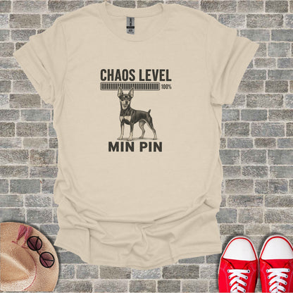 T-shirt with a Miniature Pinscher and "CHAOS LEVEL 100%" text.