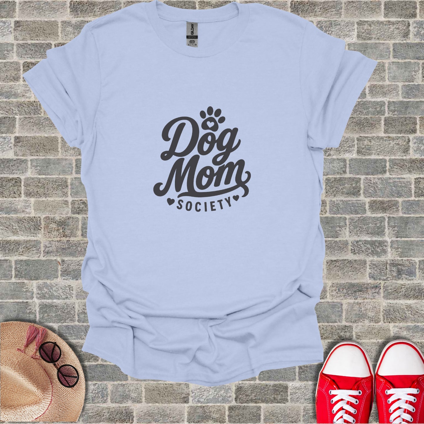 Light blue t-shirt with "Dog Mom Society" text and paw print logo.