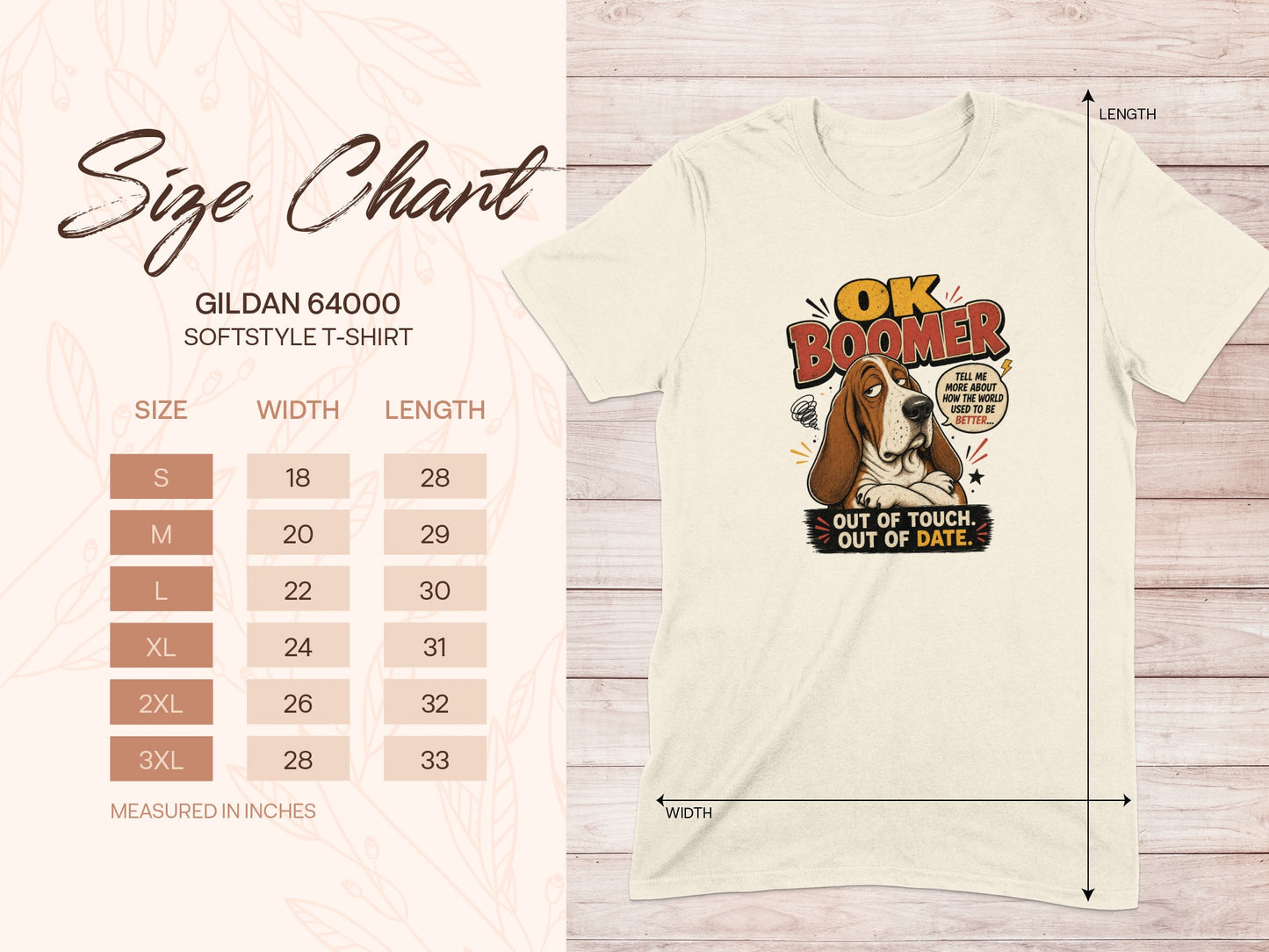 Size chart for Gildan 64000 t-shirt with "OK Boomer" graphic.