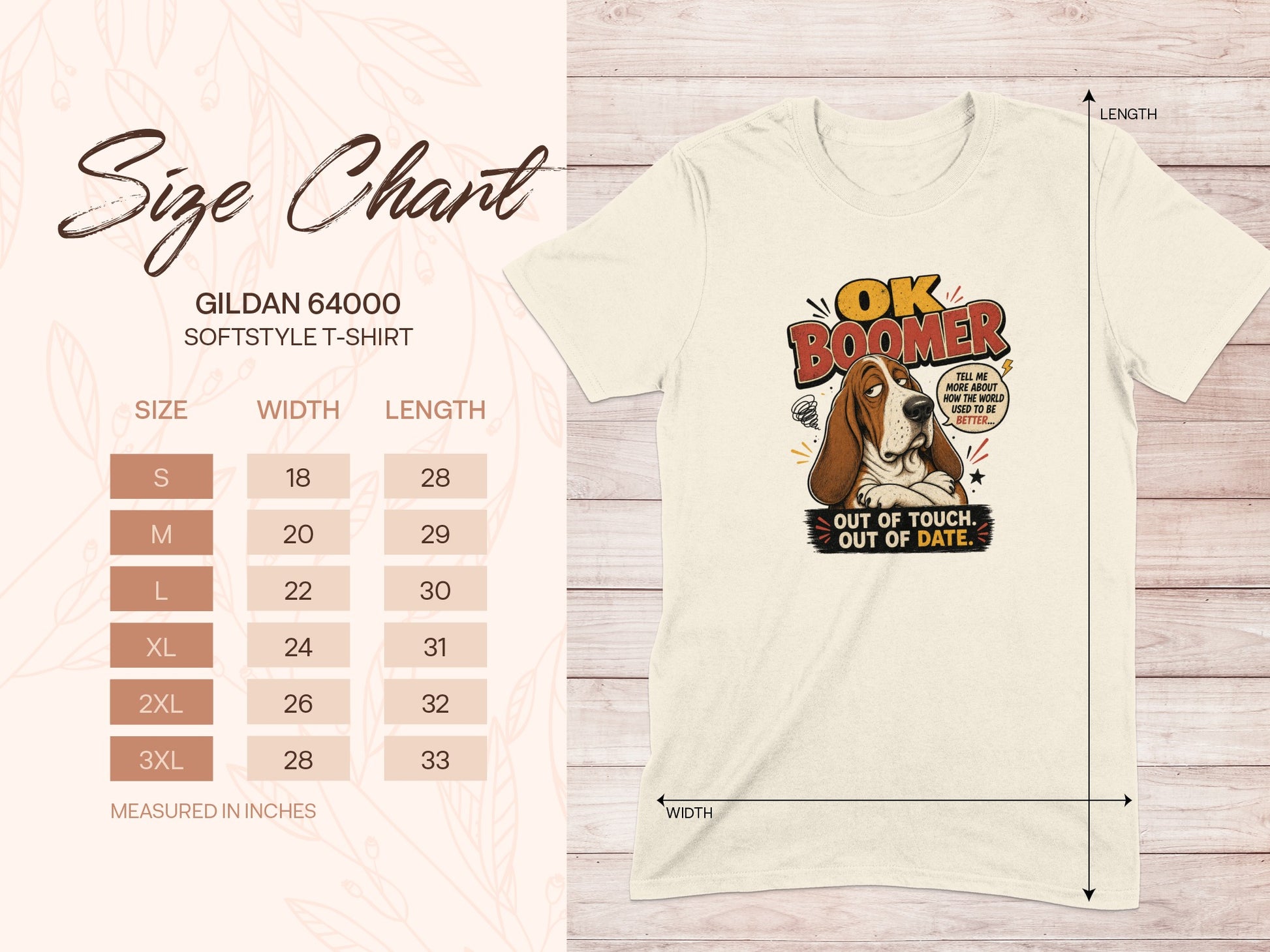 Size chart for Gildan 64000 t-shirt with "OK Boomer" graphic.