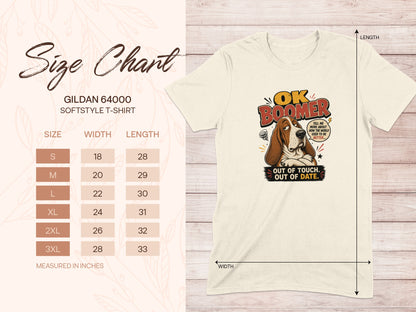 Size chart for Gildan 64000 t-shirt with "OK Boomer" graphic.