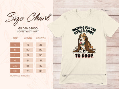 Gildan 64000 Softstyle T-shirt size chart with dog graphic.
