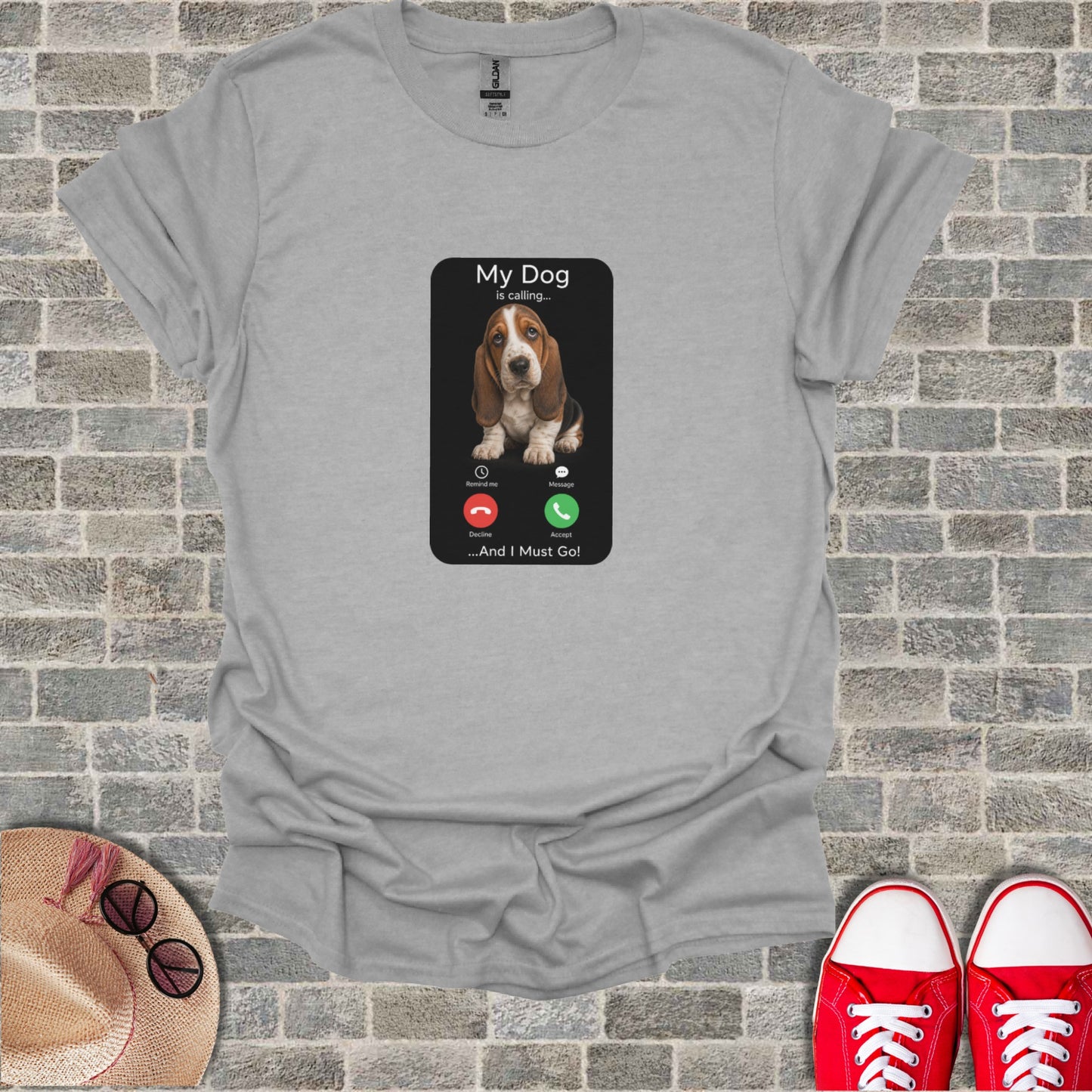 Gray t-shirt with a phone screen showing a dog calling and "My Dog is calling..." text.
