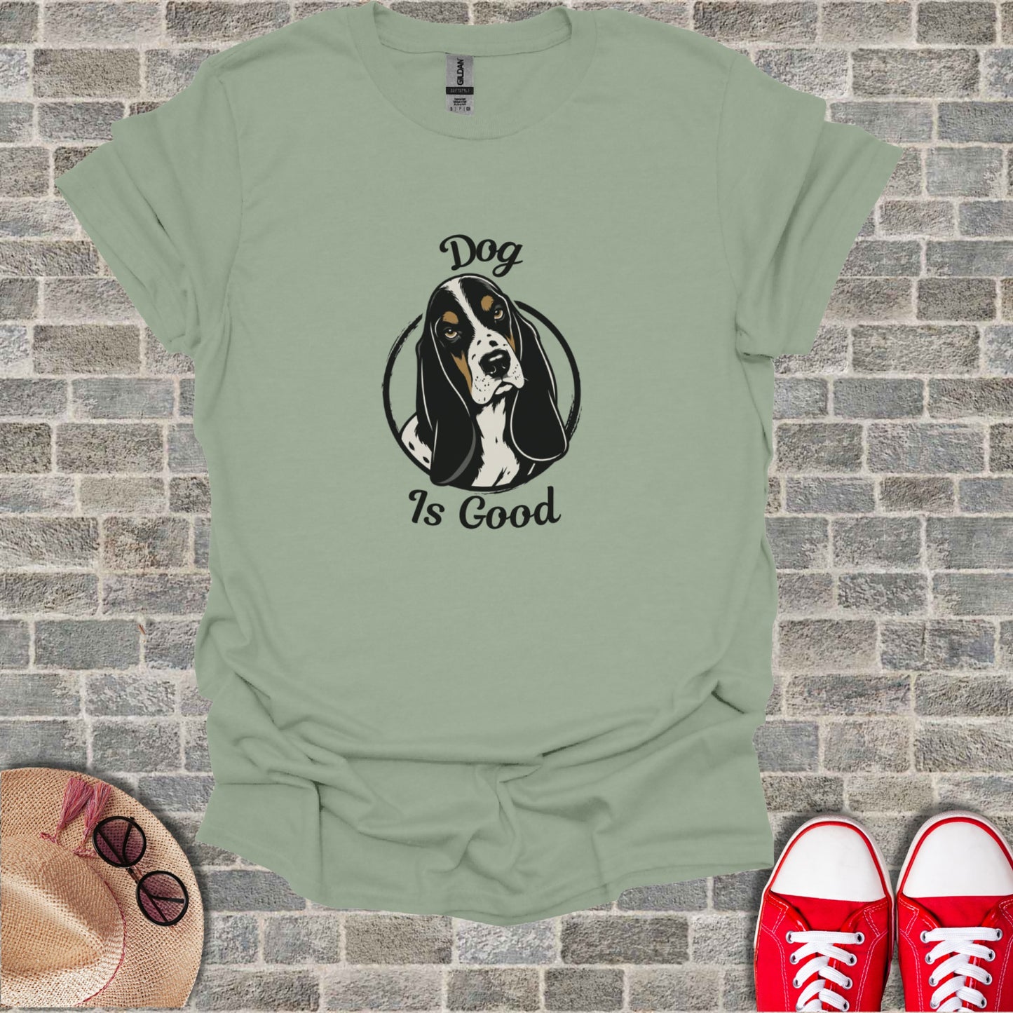 Green t-shirt with "Dog Is Good" and a Basset Hound graphic.