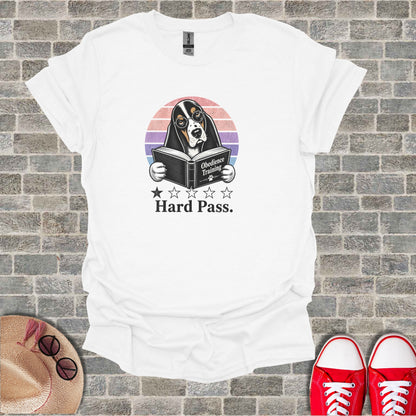 White t-shirt with Basset Hound wearing glasses reading a book, "Hard Pass."