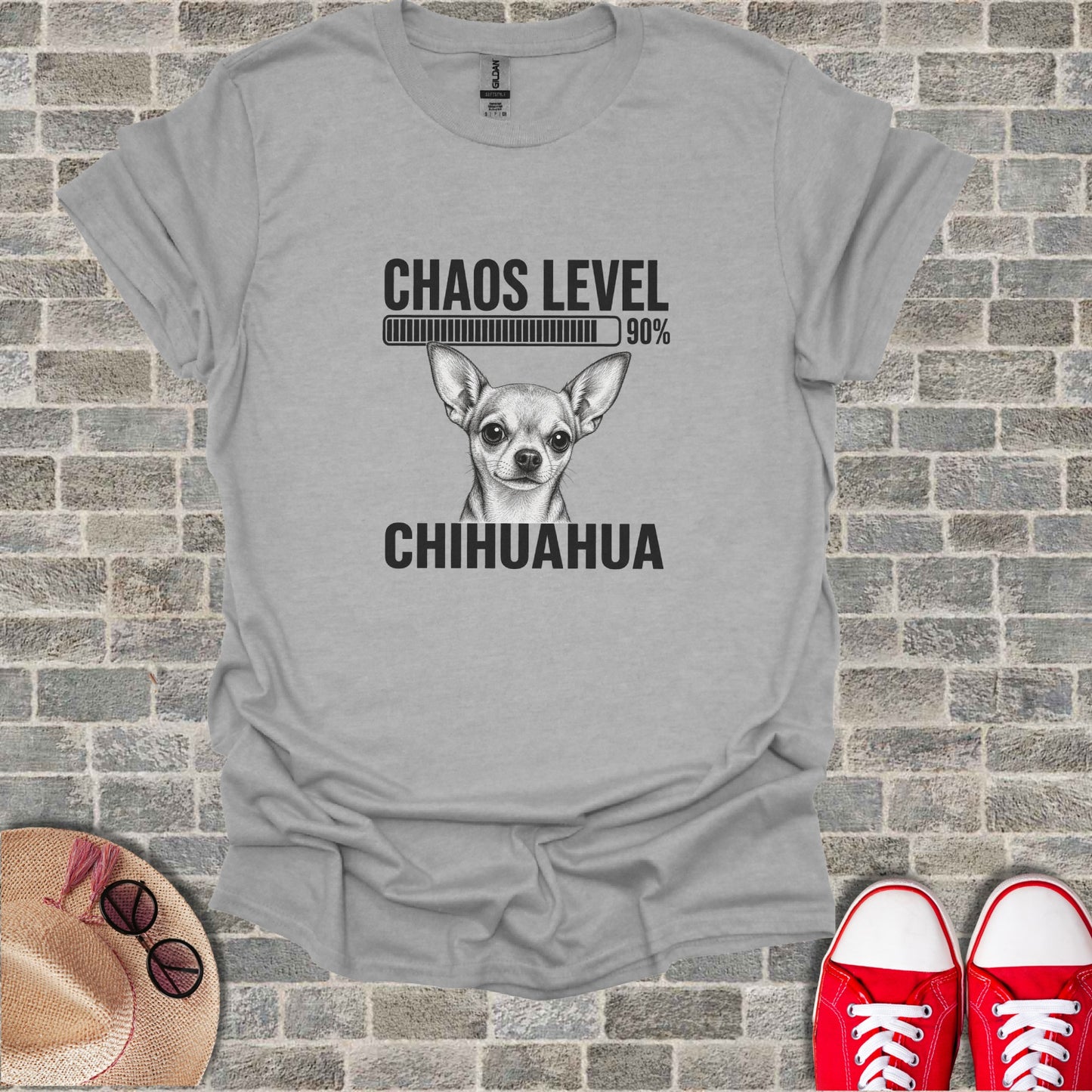 Grey t-shirt with a Chihuahua graphic, "Chaos Level 90%" loading bar.