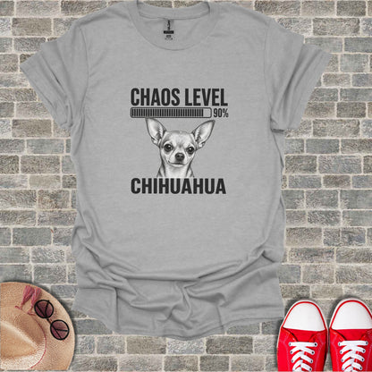 Grey t-shirt with a Chihuahua graphic, "Chaos Level 90%" loading bar.