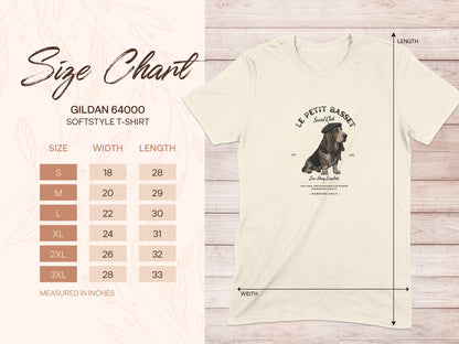 Gildan 64000 Softstyle t-shirt size chart with measurements.