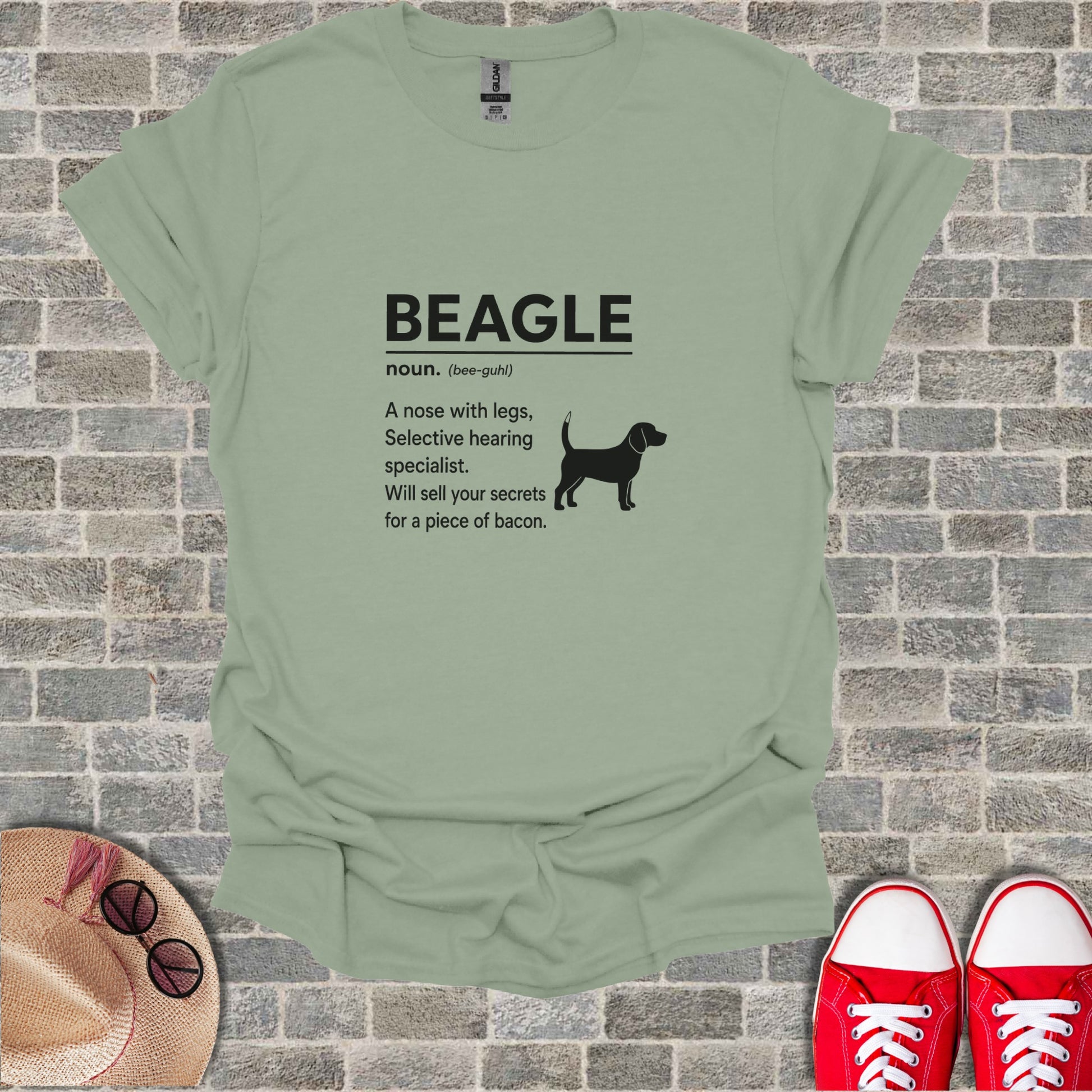 T-shirt with "BEAGLE" definition and silhouette of a beagle dog.