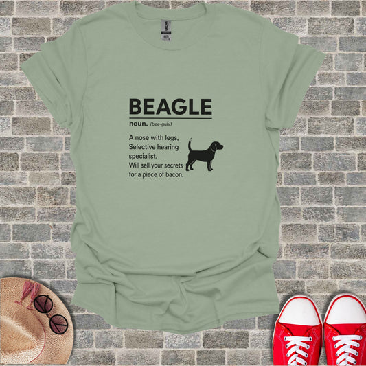 T-shirt with "BEAGLE" definition and silhouette of a beagle dog.