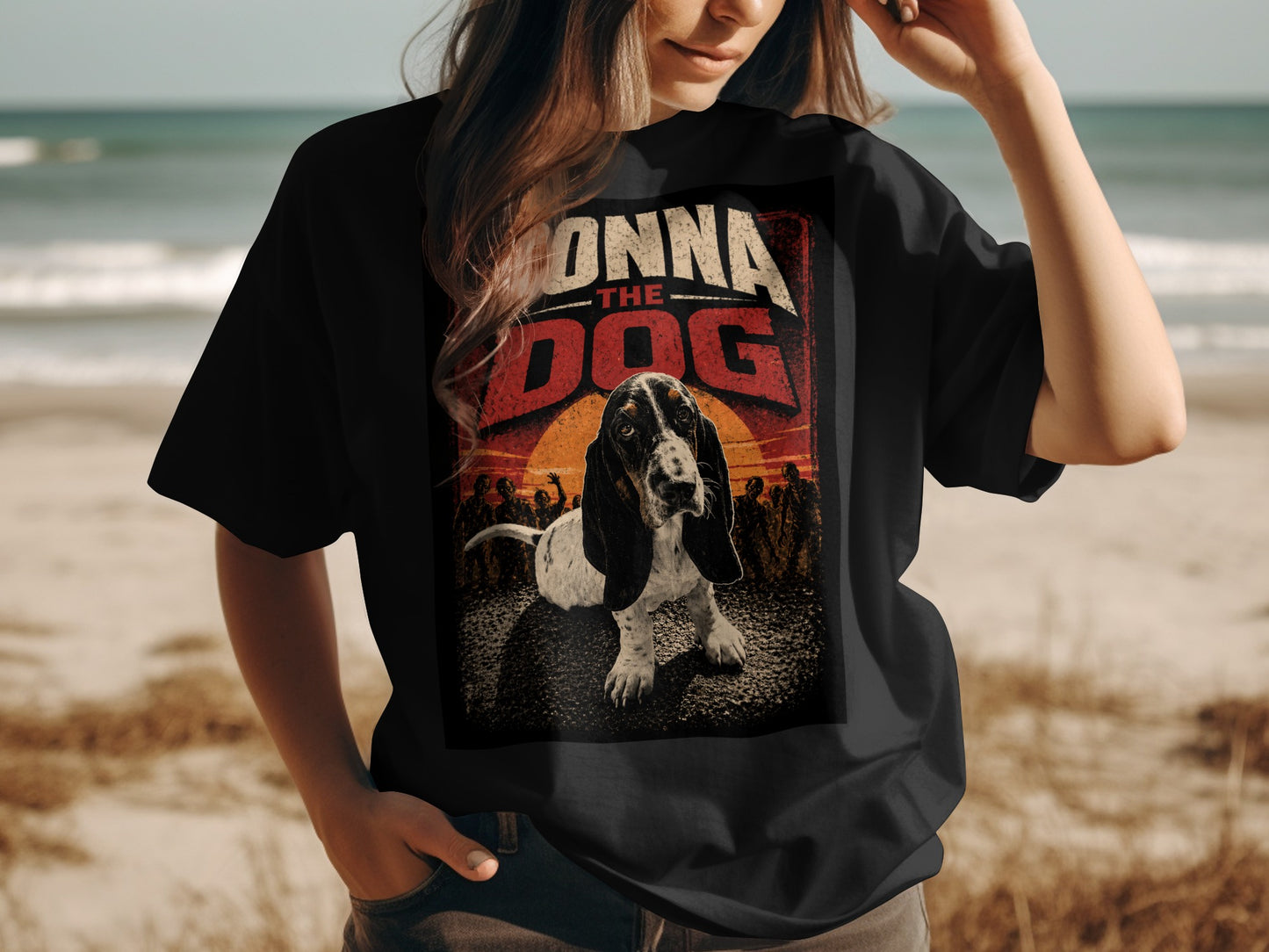 Black t-shirt featuring a Basset Hound and "DONNA THE DOG" text.