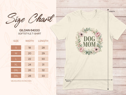 Gildan 64000 softstyle t-shirt size chart with "Dog Mom" floral graphic.