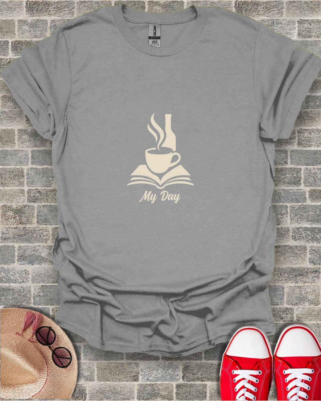 My Day Coffee Cup and Book Print Graphic T-Shirt