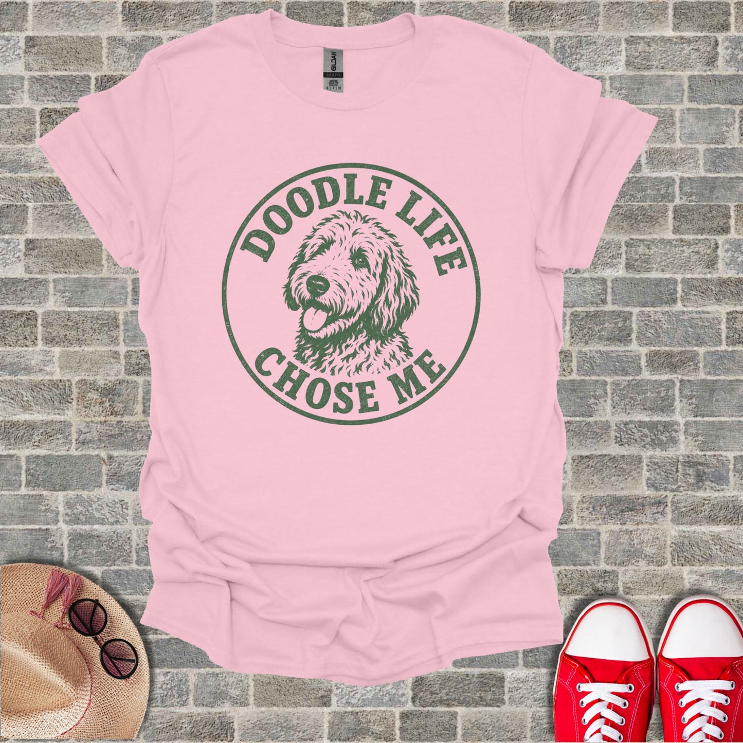 Pink t-shirt with a doodle dog graphic and the text "Doodle Life Chose Me"