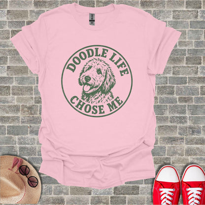 Pink t-shirt with a doodle dog graphic and the text "Doodle Life Chose Me"
