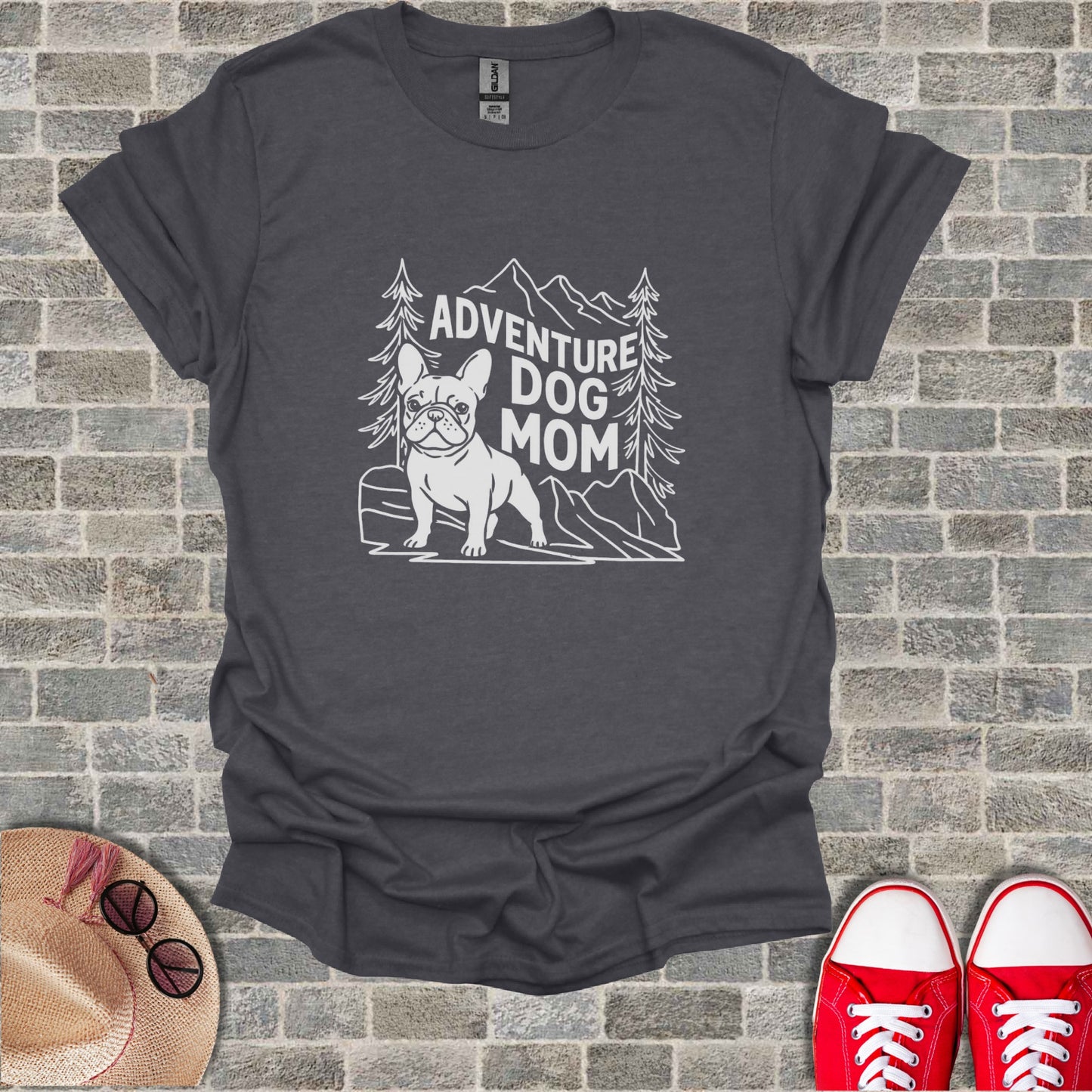 French Bulldog graphic on dark grey t-shirt reading "Adventure Dog Mom".