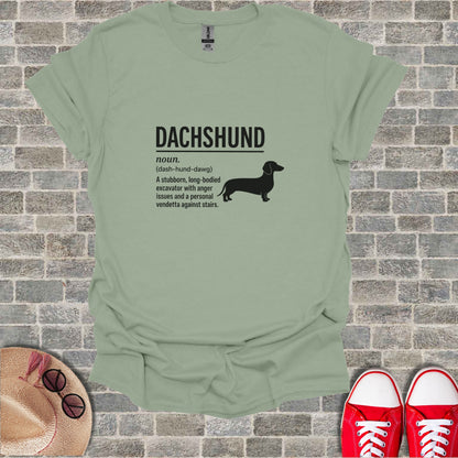 Dachshund definition tee with silhouette on a light green t-shirt.