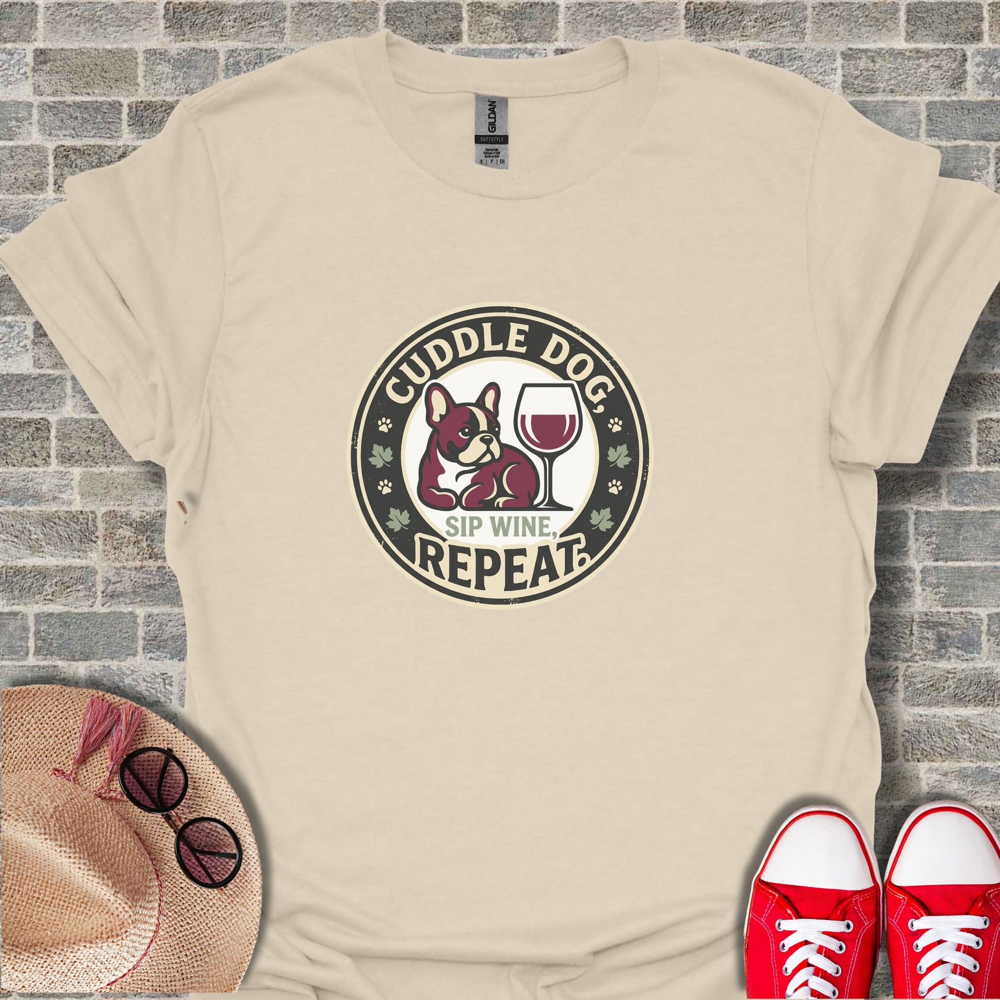 Cuddle Dog Sip Wine Repeat Graphic Tee for Dog Lovers