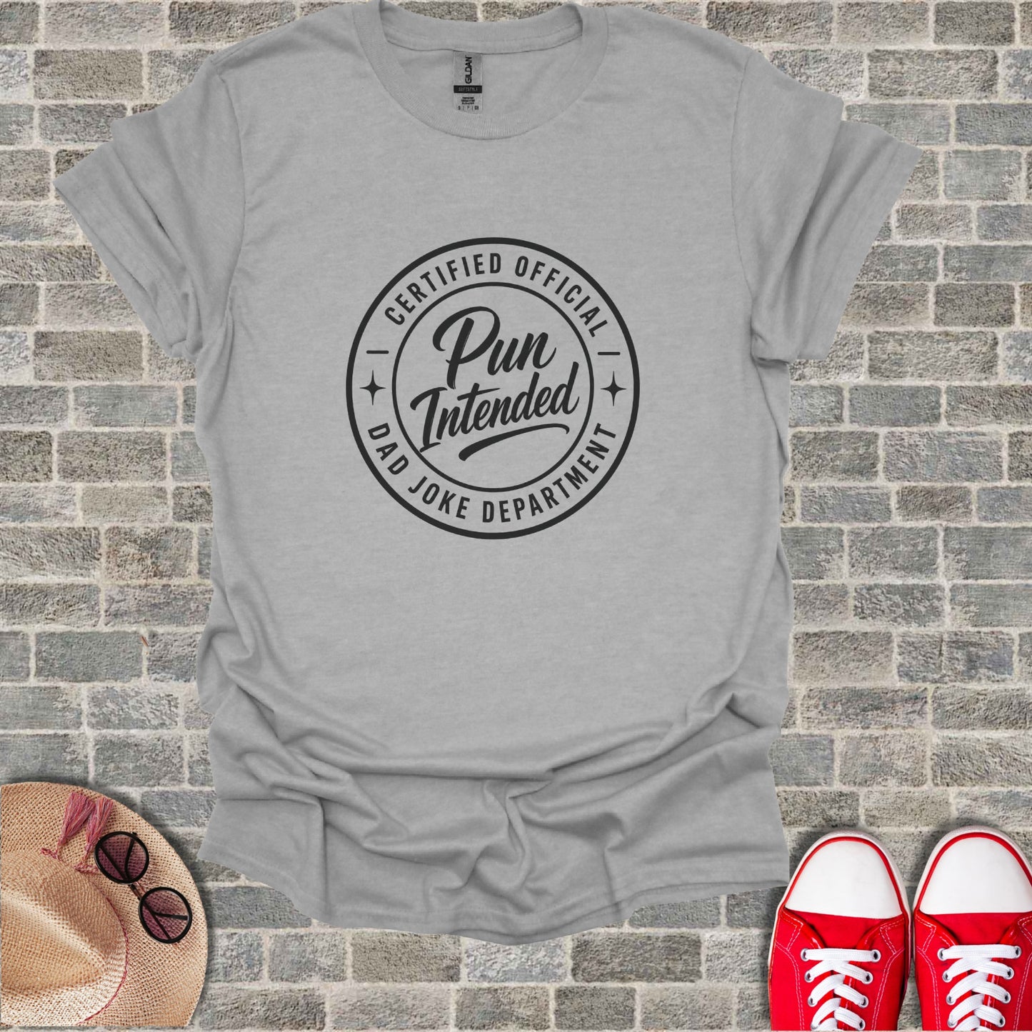 Gray t-shirt with "Certified Official Dad Joke Department" in a circular graphic.