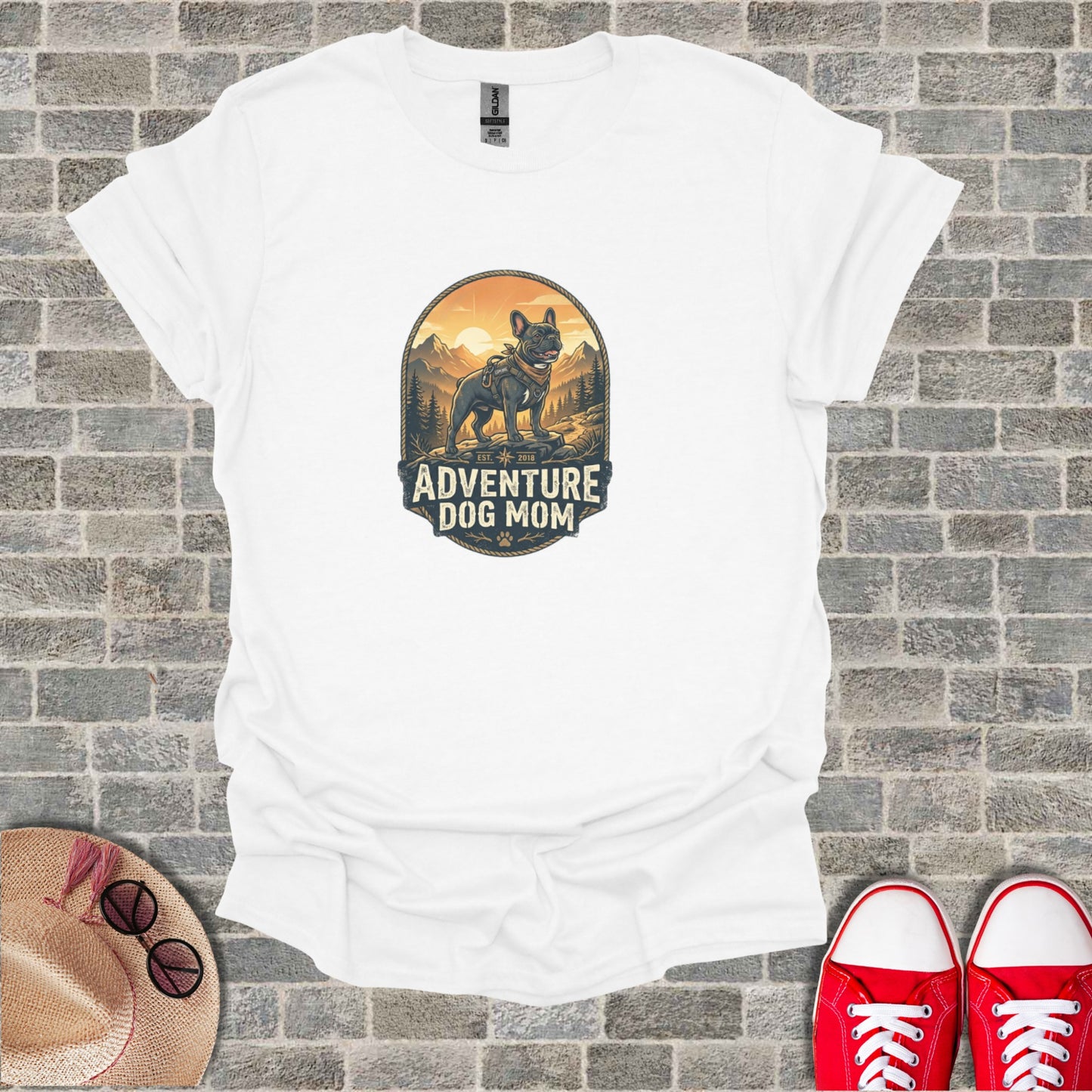 White t-shirt with "Adventure Dog Mom" text and a French bulldog illustration.