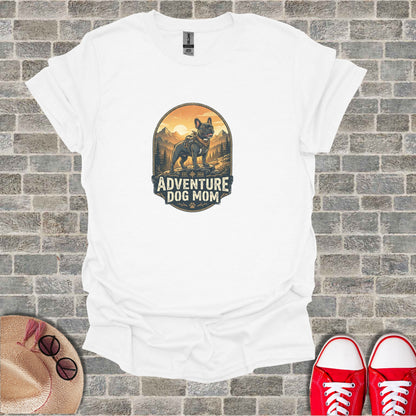 White t-shirt with "Adventure Dog Mom" text and a French bulldog illustration.