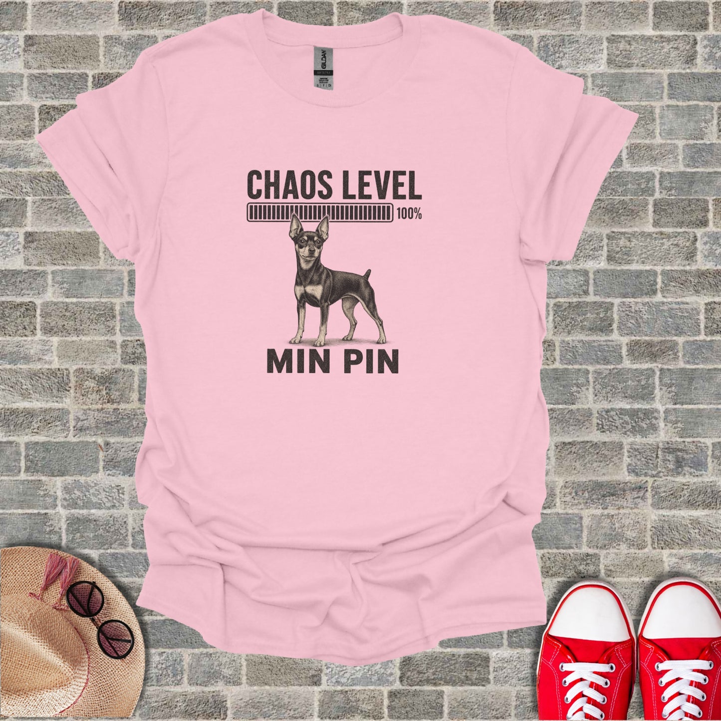 Pink t-shirt with "Chaos Level 100%" and "MIN PIN" text and a chihuahua.