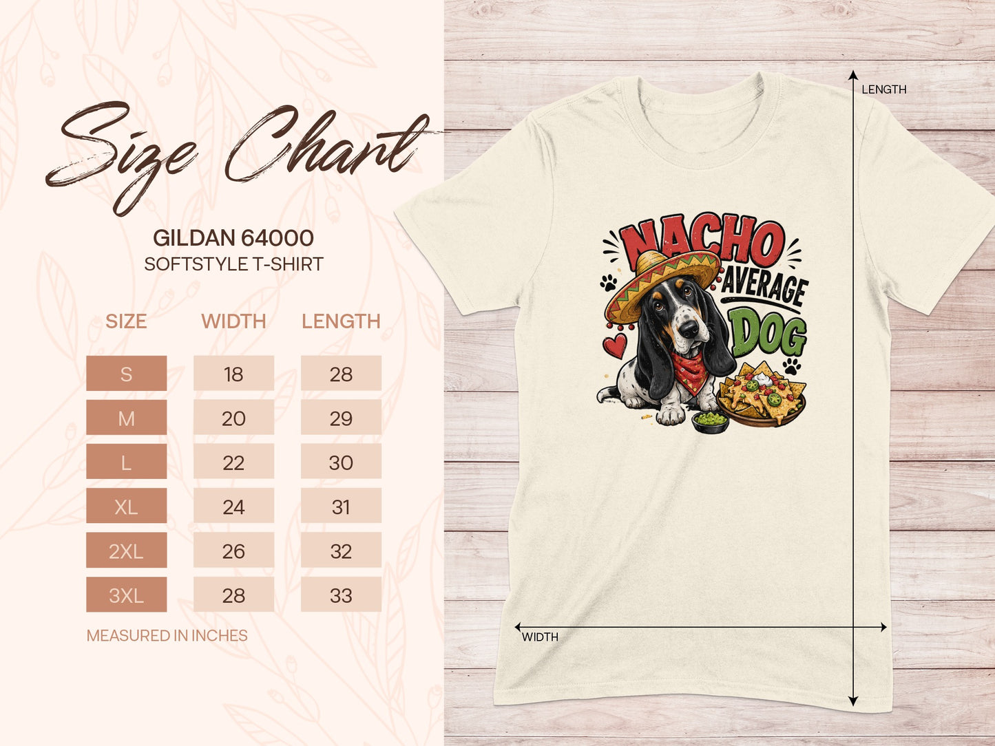 Gildan 64000 t-shirt size chart with a graphic of a dog wearing a sombrero.