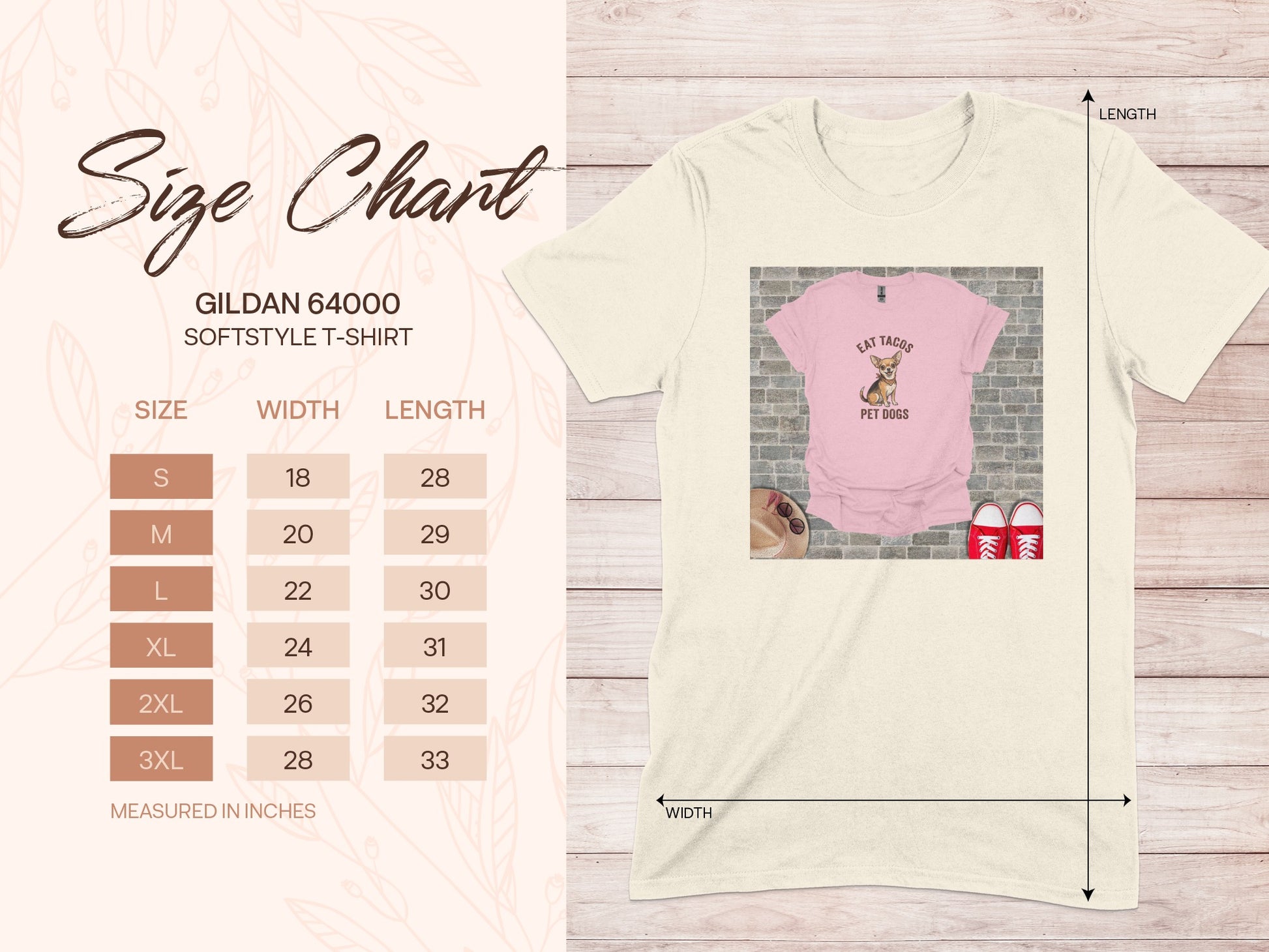 Gildan 64000 Softstyle t-shirt size chart with shirt mock-up.