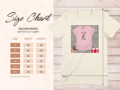 Gildan 64000 Softstyle t-shirt size chart with shirt mock-up.