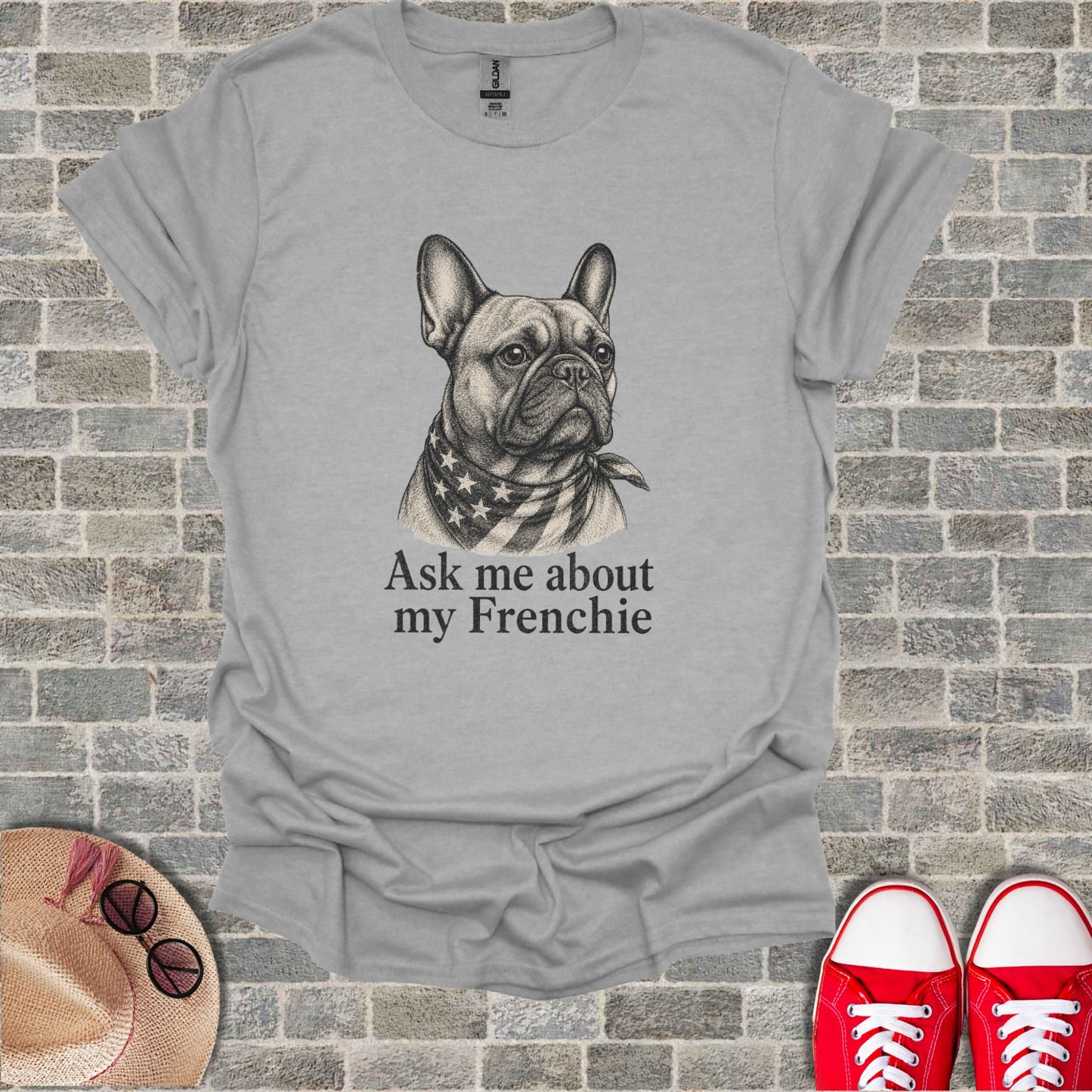 Grey t-shirt with a French bulldog wearing a starry bandana and the text "Ask me about my Frenchie".