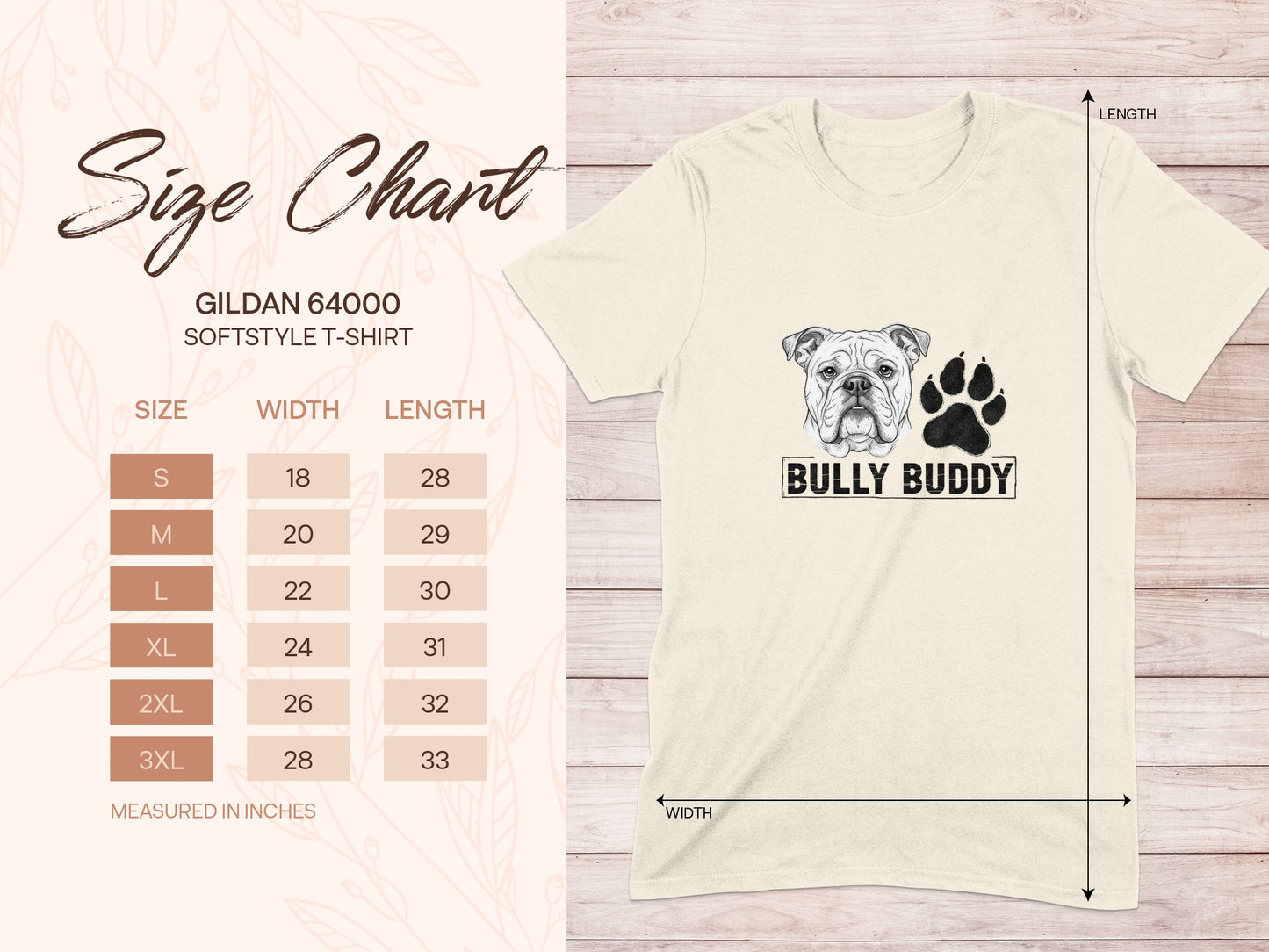 Gildan 64000 Softstyle T-Shirt size chart with Bully Buddy logo.