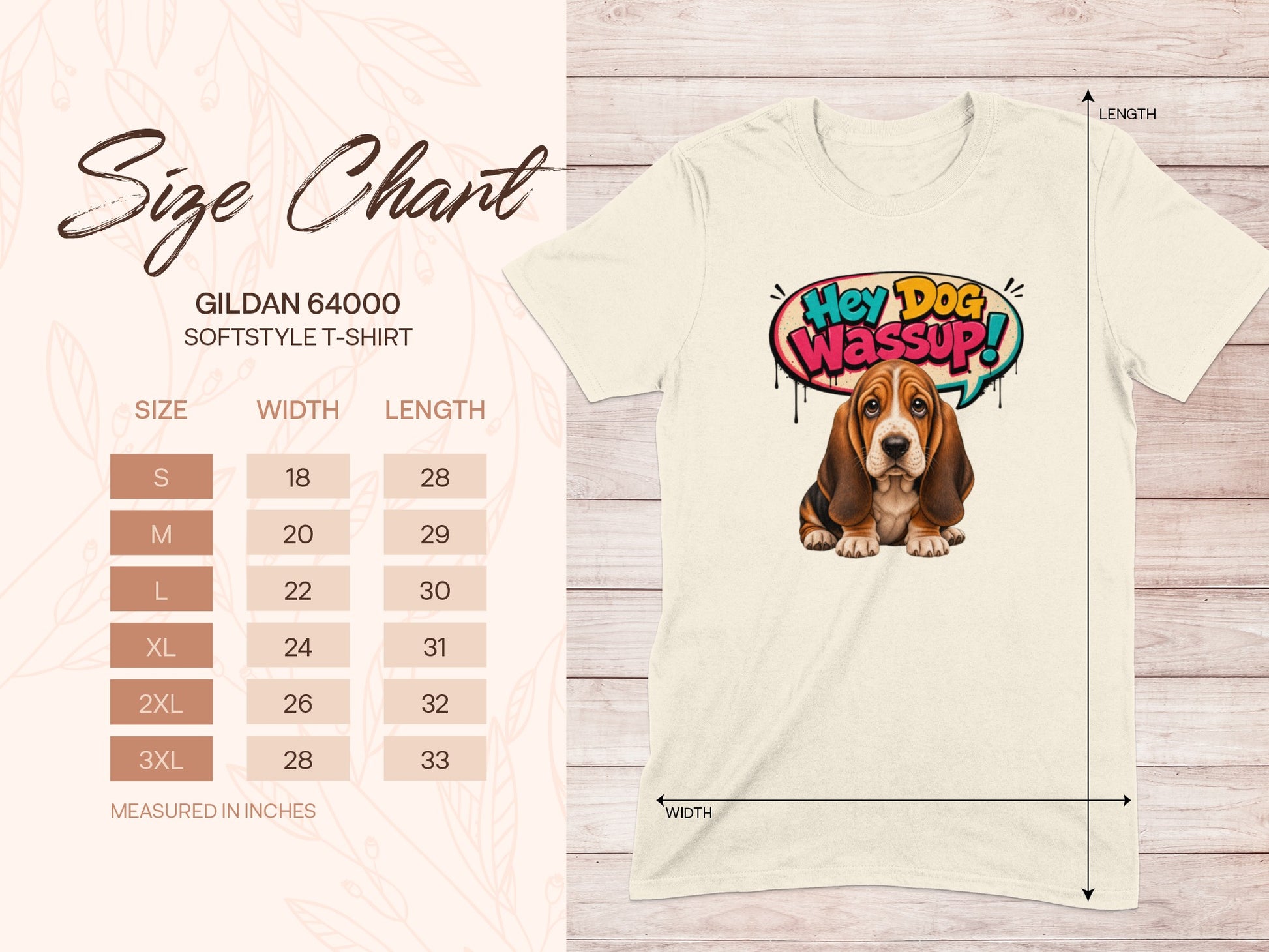Gildan 64000 softstyle t-shirt size chart with dog graphic.