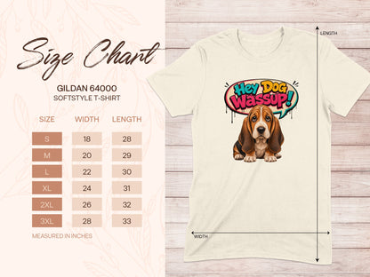 Gildan 64000 softstyle t-shirt size chart with dog graphic.