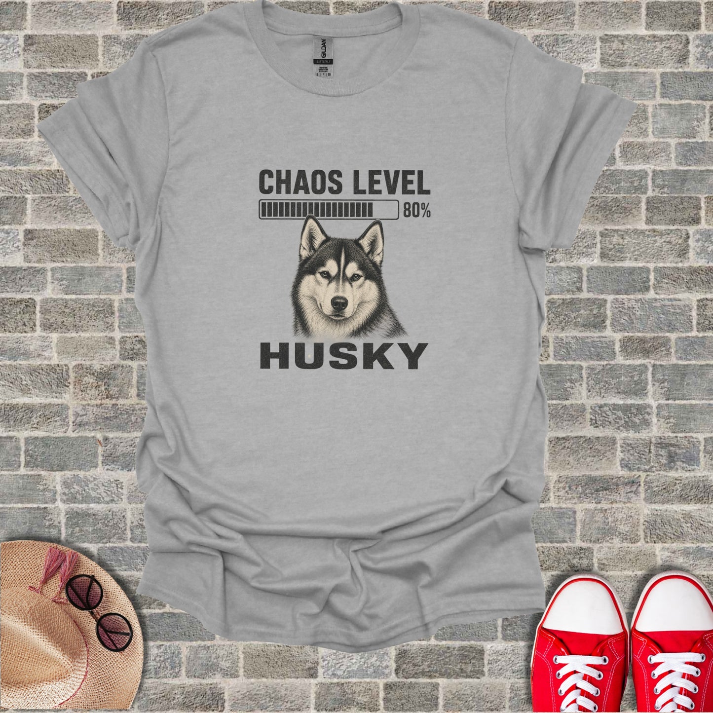 Grey t-shirt with a husky dog and "Chaos Level 80%" text.