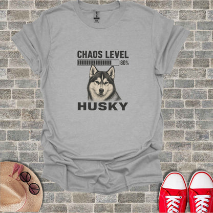 Grey t-shirt with a husky dog and "Chaos Level 80%" text.