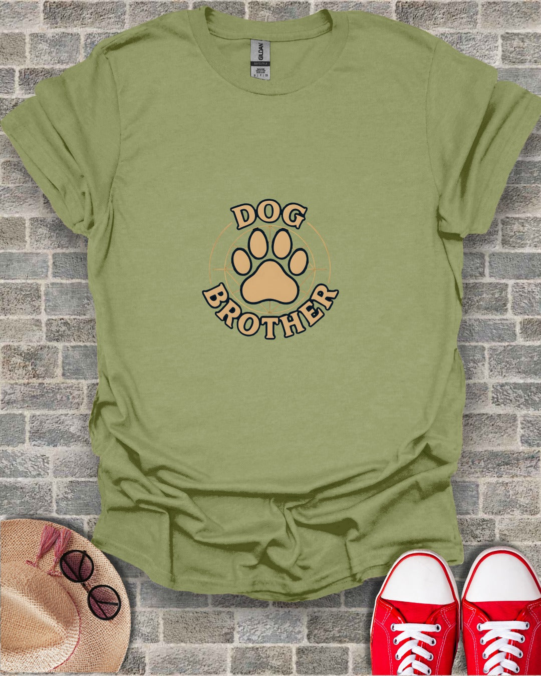 Olive green t-shirt with "Dog Brother" text inside a paw print circle.