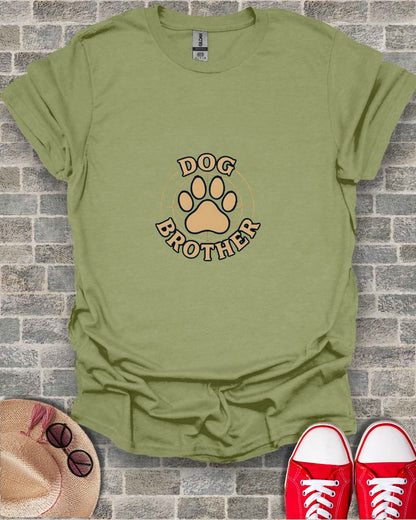 Olive green t-shirt with "Dog Brother" text inside a paw print circle.