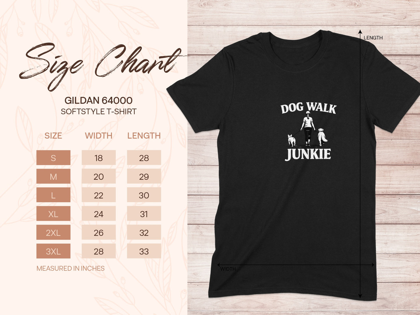 Gildan 64000 size chart for Dog Walk Junkie t-shirt.