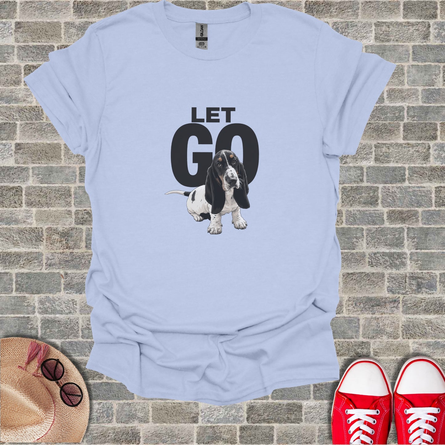 Light blue t-shirt with Basset Hound graphic and "LET GO" text.