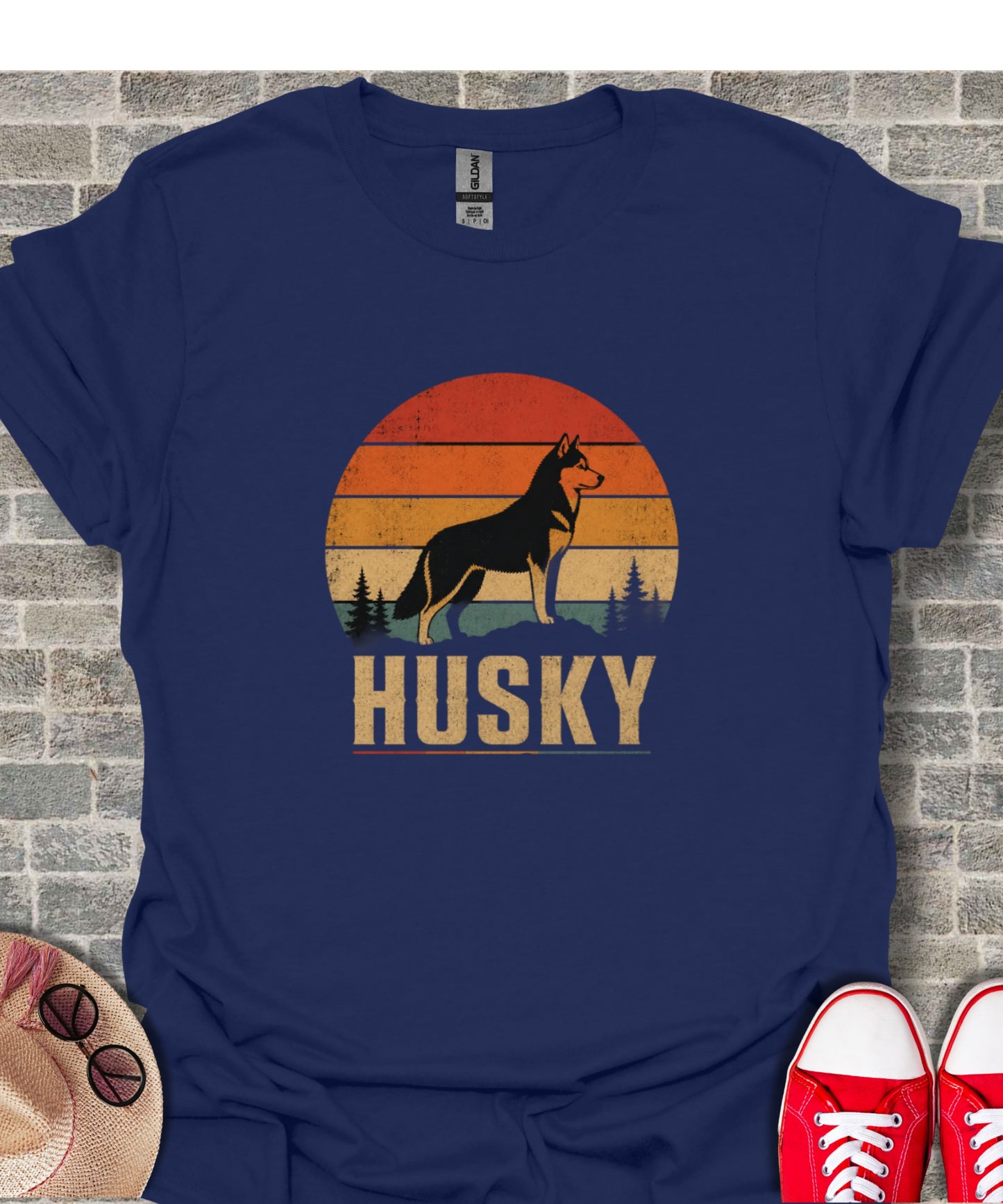 Navy t-shirt with retro husky and sunset graphic.