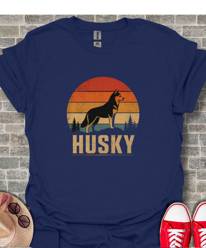 Navy t-shirt with retro husky and sunset graphic.